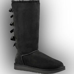 UGG Black Suede Mid-Calf Shearling Boots with Back Bow Detail